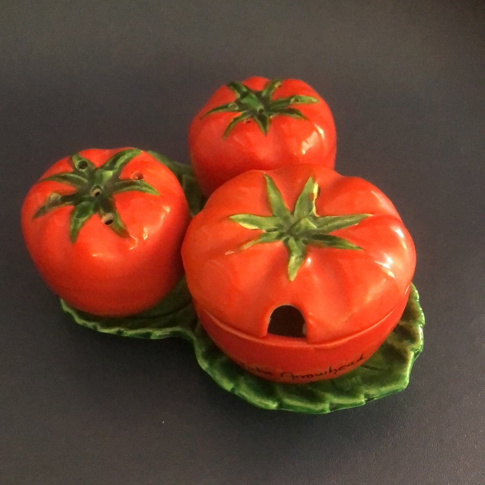 Vintage Maruhon Ware Tomato Condiment Set on Leaf Plate -Occupied Japan-Rare - Picture 2 of 7